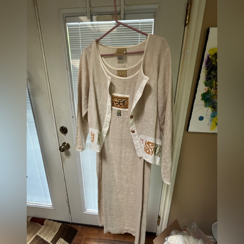 BLUE CACTUS LONG SLEEVED JACKET OVER SHEATH TRIBAL DRESS: LINEN